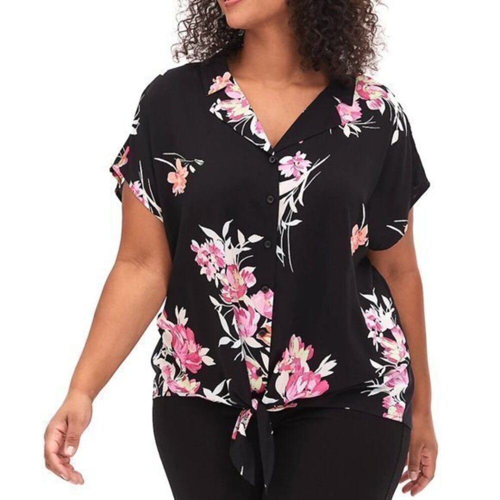 Torrid 1X Black/Pink Floral Challis Tie Front Top